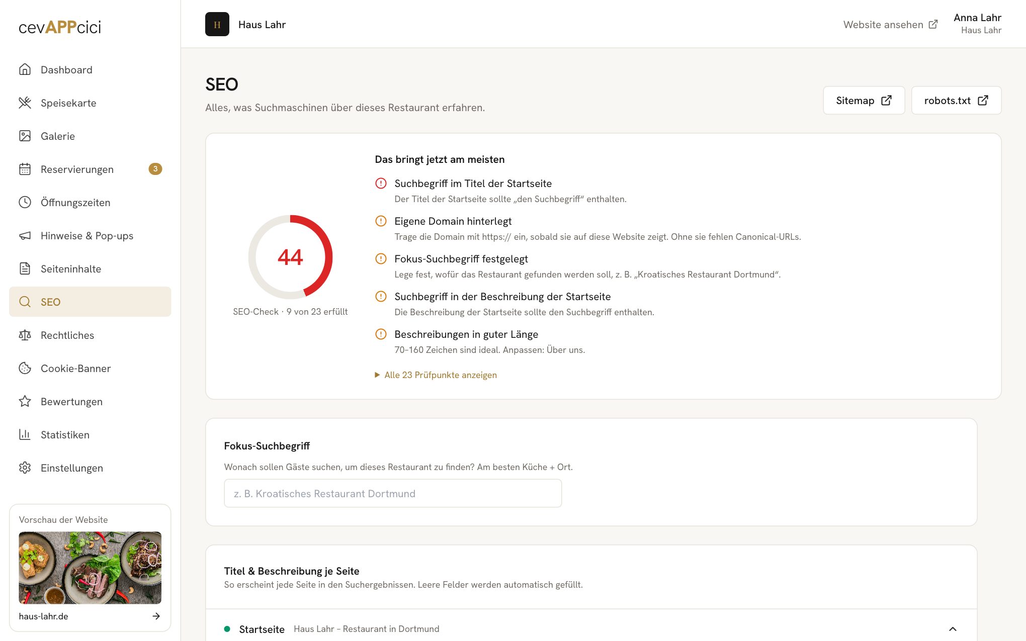 Dashboard: SEO-Check