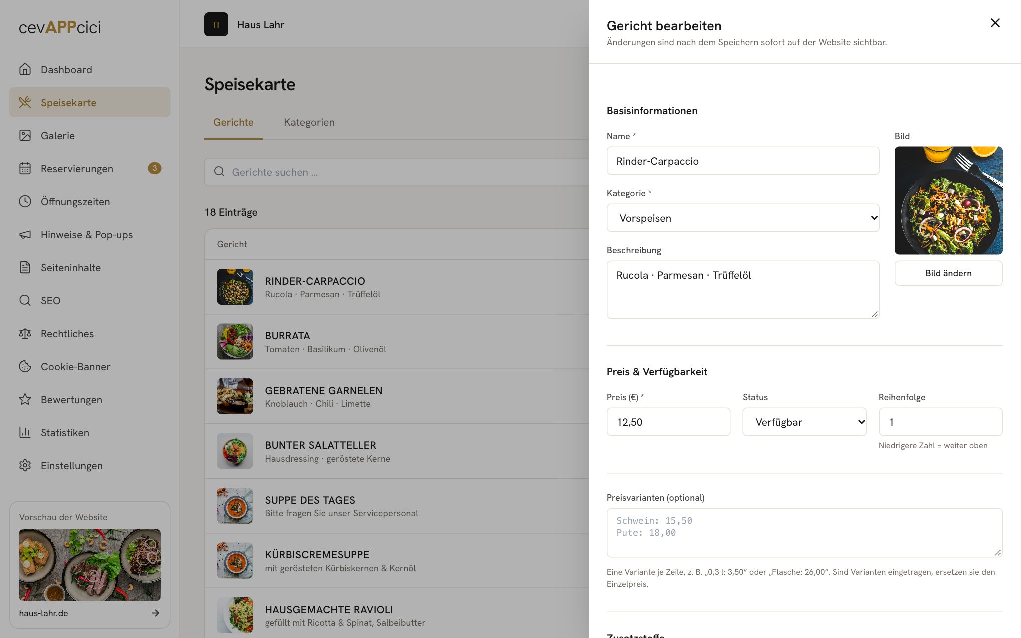 Dashboard: Gericht bearbeiten